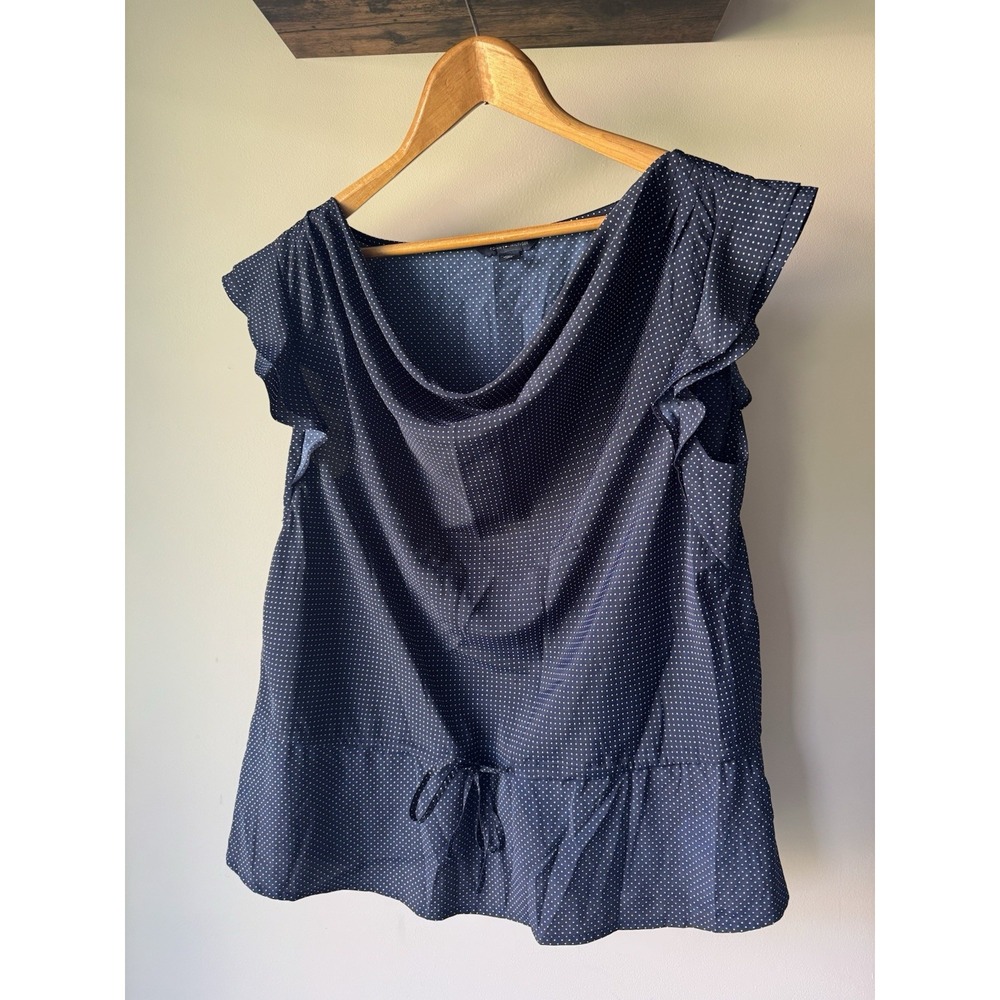 Tommy Hilfiger Navy Blue White Polka Dot Flutter Sleeve Cowl Neck Peplum Blouse